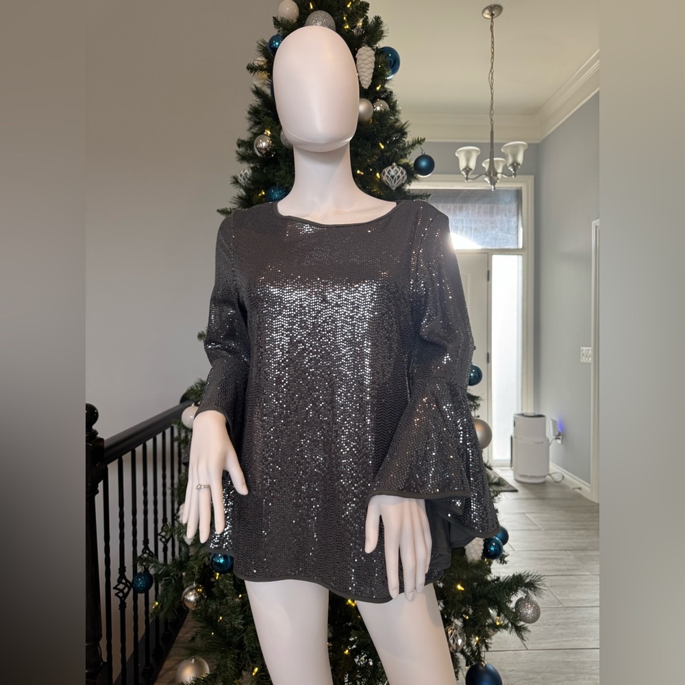 Silver Sequin Bell Sleeve Top